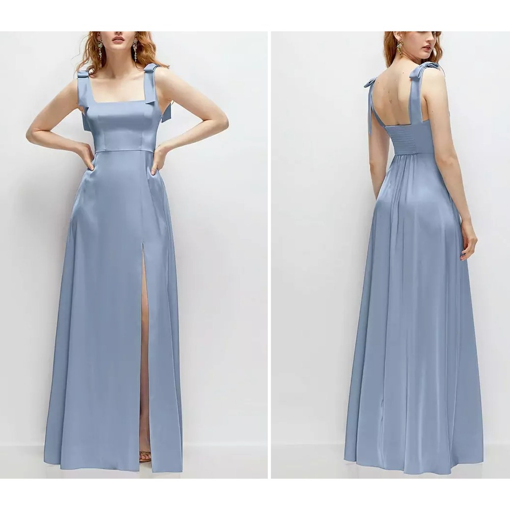 NWT After Six Square Neck Satin Maxi Dress Bow Straps Cloudy Blue, Sz L - Picture 2 of 7